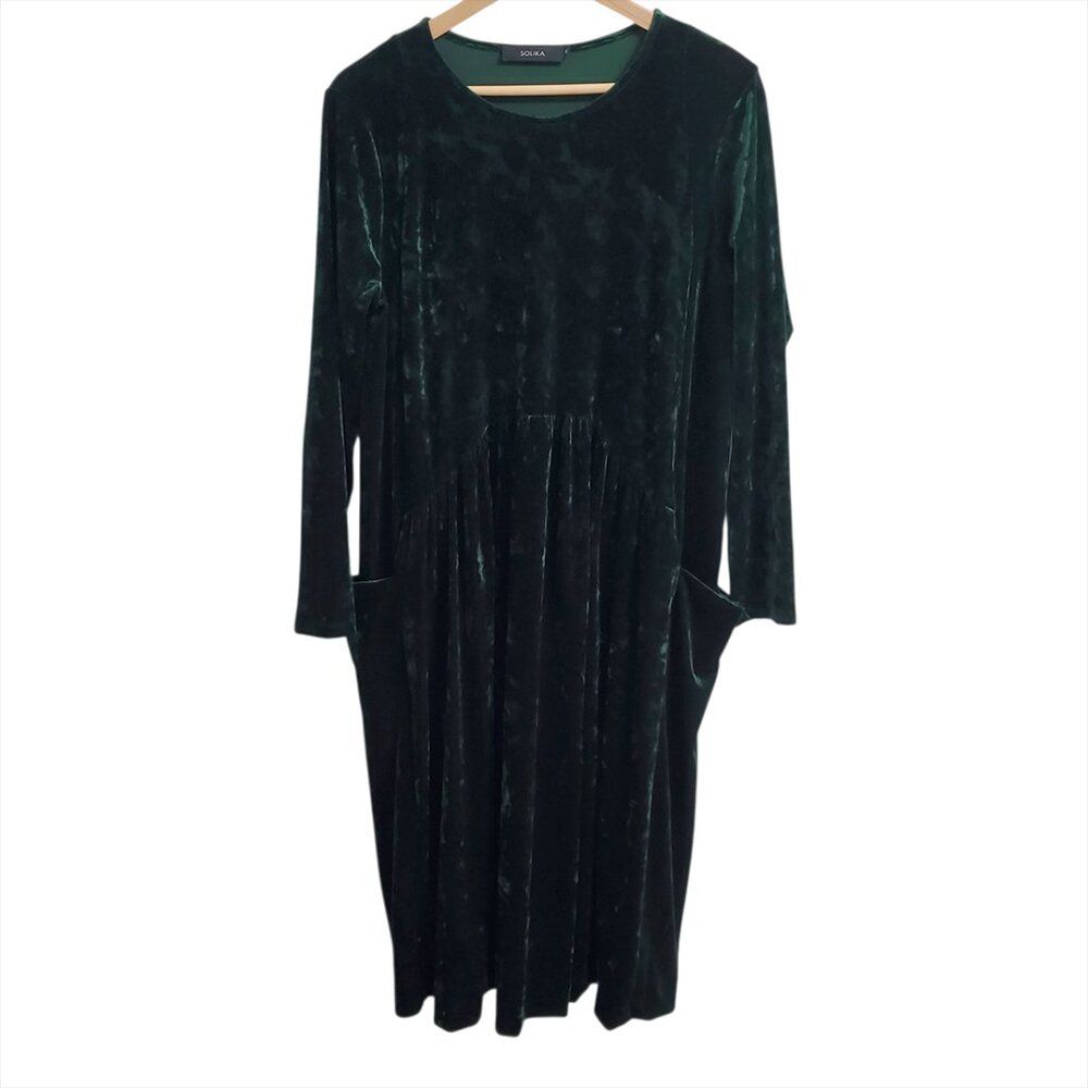 SOLIKA Womens Heidi Midi Dress M Crushed Velvet Green Long Sleeve Curved Waist